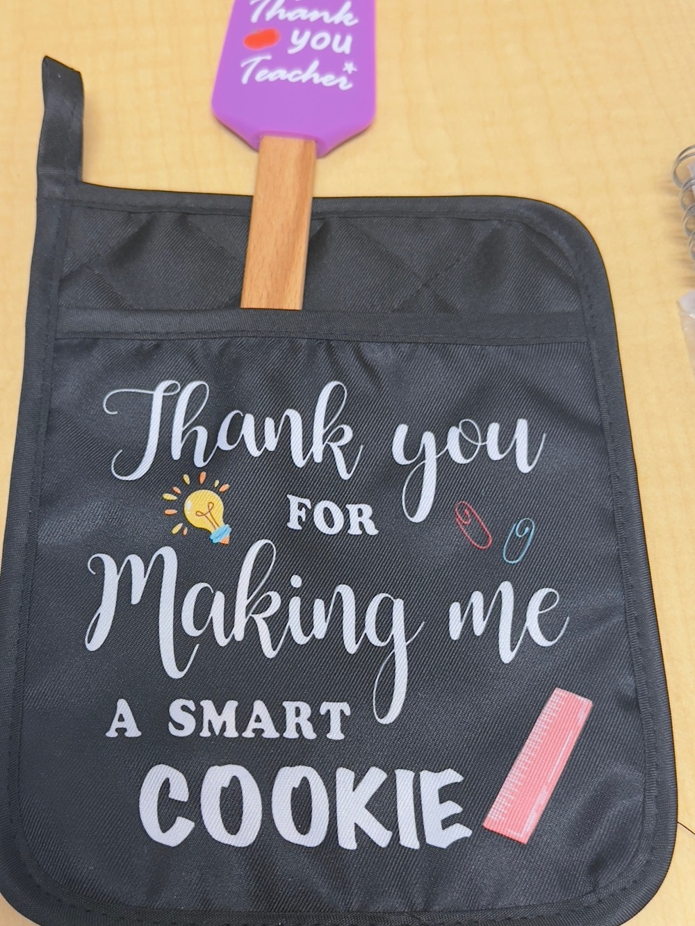 Black "Thank You for Making Me a Smart Cookie" Potholder and Purple Spatula Set